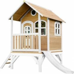 AXI Tom Speelhuis In Bruin/Wit - Met Verdieping En Witte Glijbaan - Speelhuisje Voor De Tuin / Buiten - FSC Hout - Speeltoestel Voor Kinderen