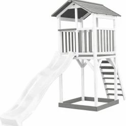 AXI Beach Tower Speeltoestel In Grijs/Wit - Speeltoren Met Zandbak En Witte Glijbaan - FSC Hout - Speelhuis Op Palen Voor De Tuin