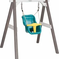 AXI Baby Schommel In Grijs/Wit Met Zitje In Blauw/Geel - FSC Hout - Babyschommel Voor Kindjes Van 9-36 Maanden - Met 4 Grondankers