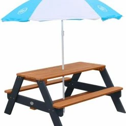AXI Nick Picknicktafel Antraciet/bruin - Parasol Blauw/wit