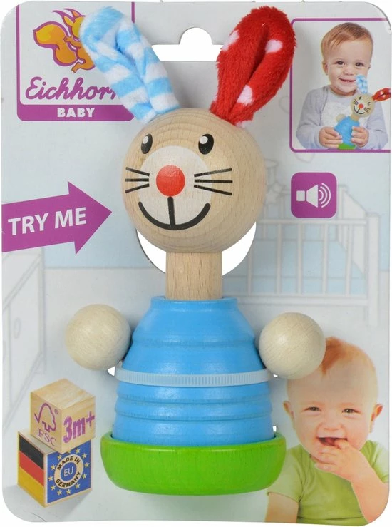 Eichhorn Baby Squeezer Konijn - Houten Rammelaar Met Geluid 3 Eichhorn Baby Squeezer Konijn - Houten Rammelaar Met Geluid - Afbeelding 3